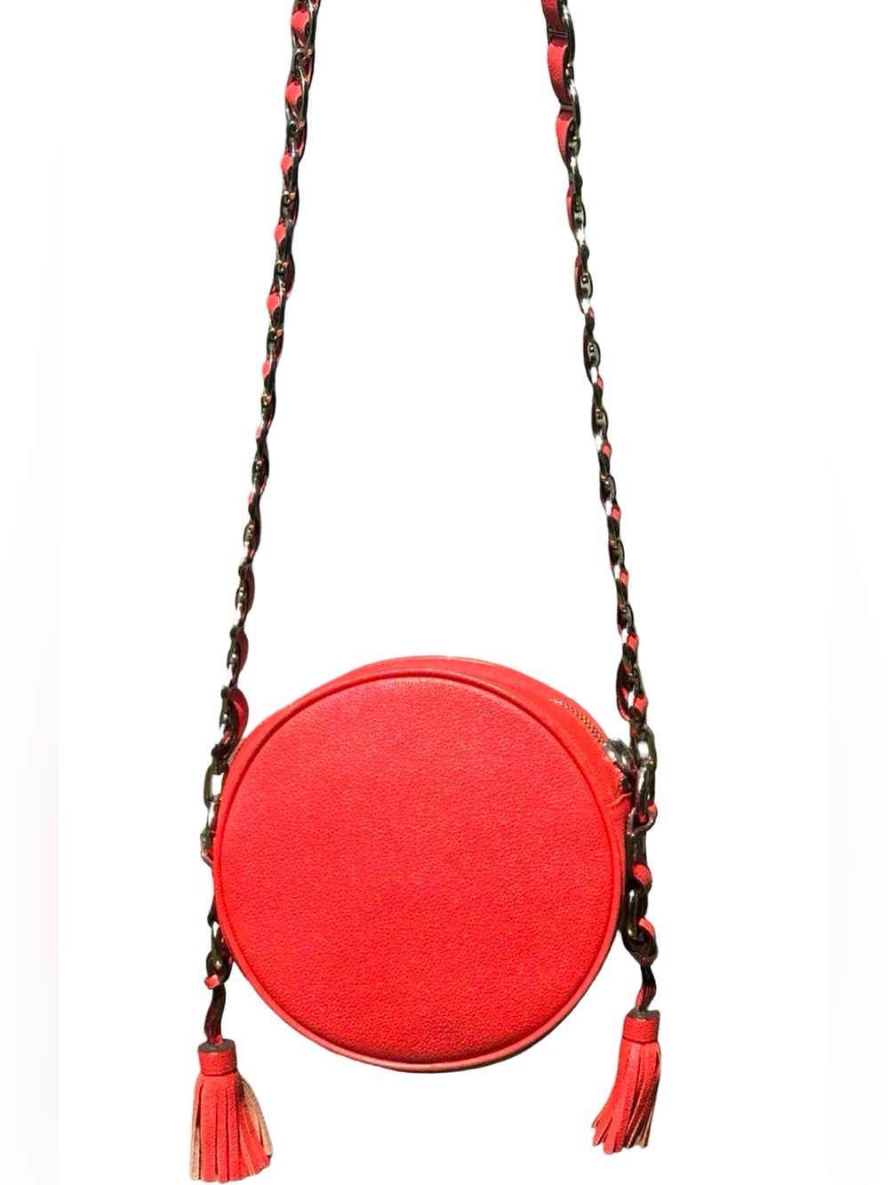 VTG MCM Red Grained Leather Round Tambourine Crossbody Bag Silver Studded - Picture 10 of 16